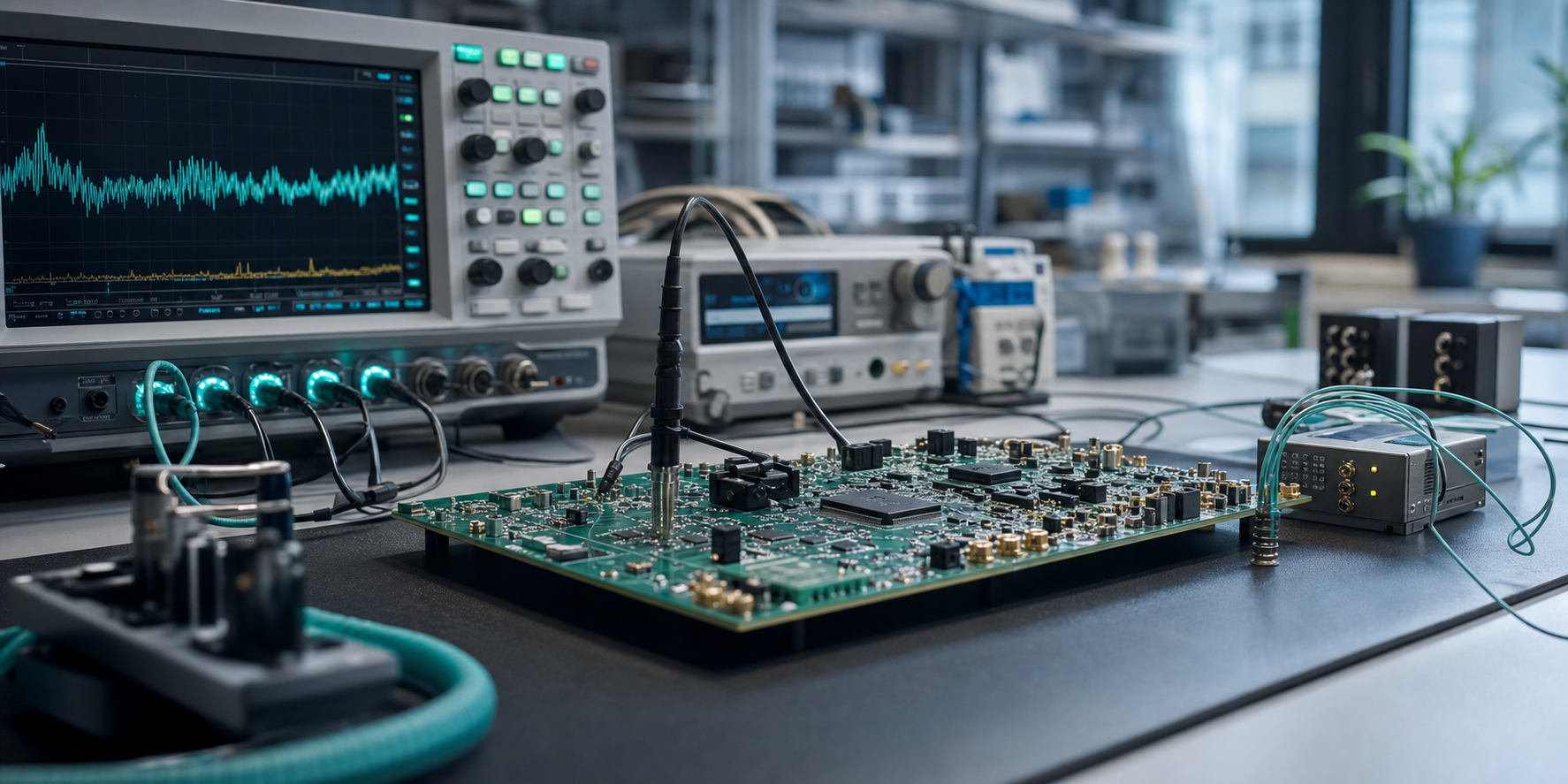 Elektronikbaugruppe im Labor während der messtechnischen Validierung